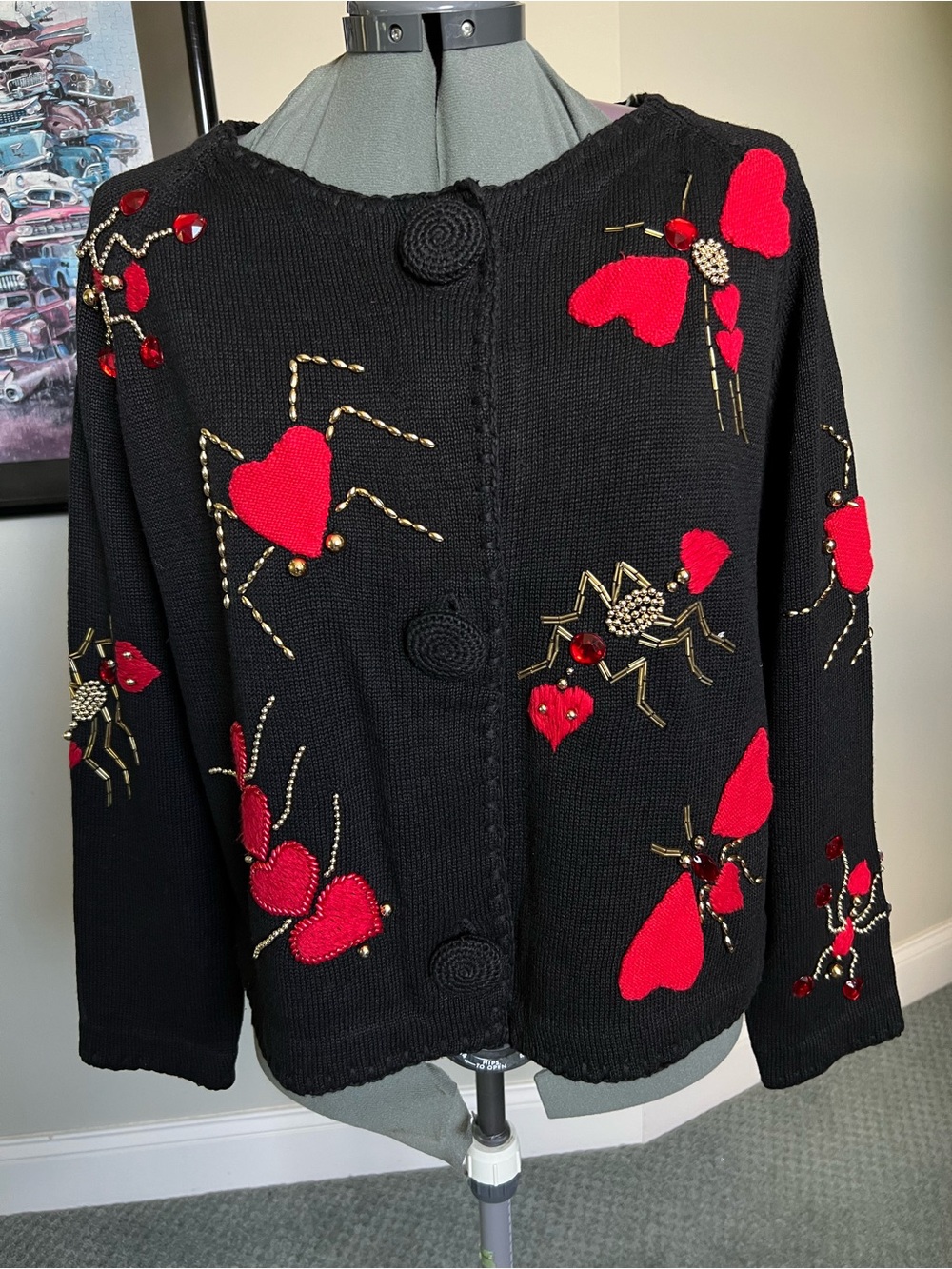 Michael Simon L XL heart Love Bugs Ant Spider sweater Butterfly cardigan